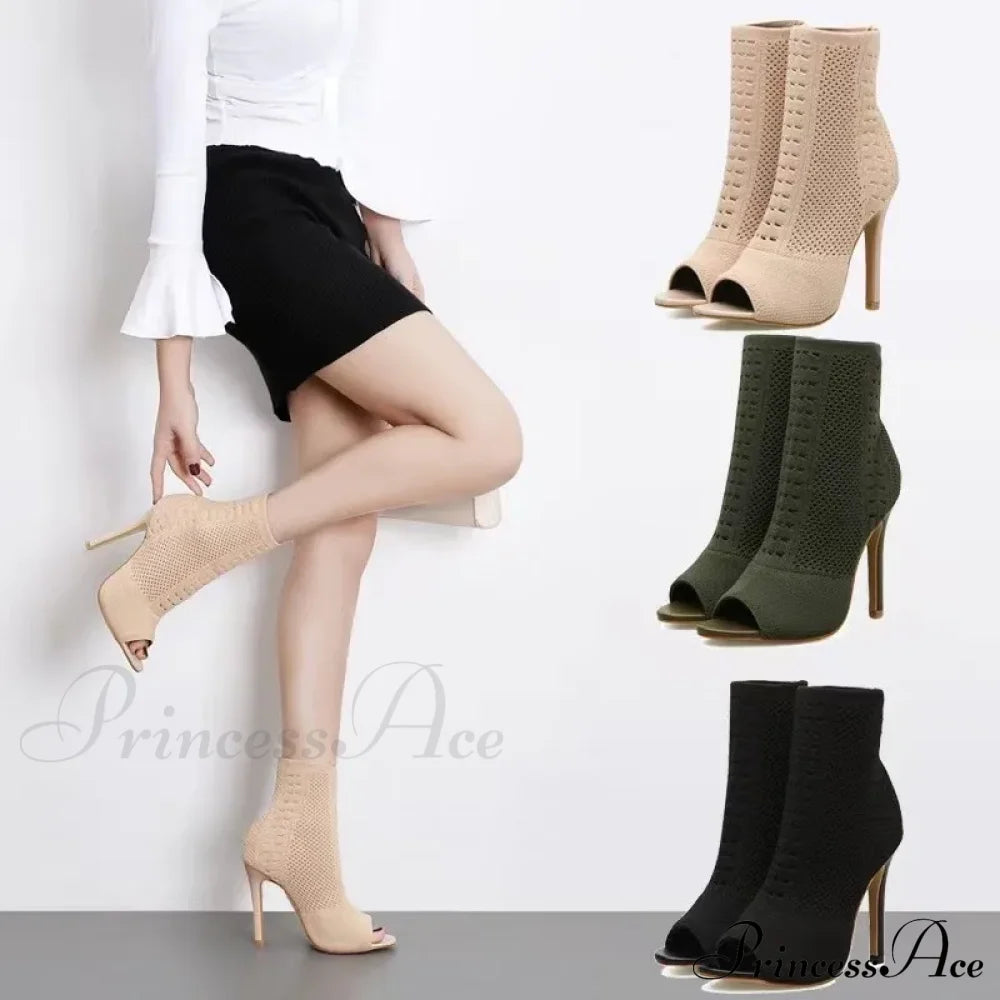 Fashion Peep Toe Stretch Fabric Breathable Hollow Out Small Hole Knitting Women High Heel