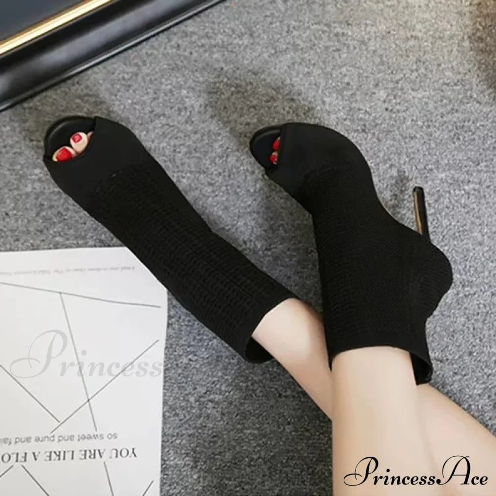 Fashion Peep Toe Stretch Fabric Breathable Hollow Out Small Hole Knitting Women High Heel Black / 36