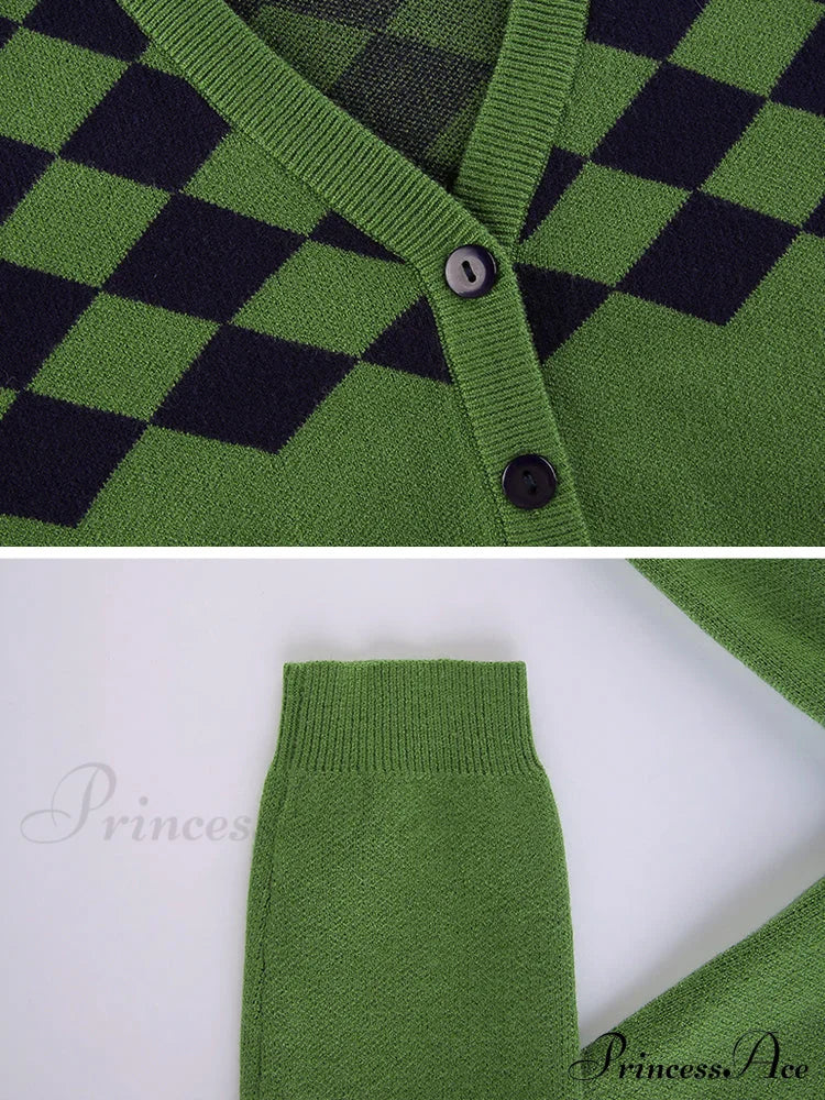 Fashion Plaid Green Cropped Knitted Cardigan