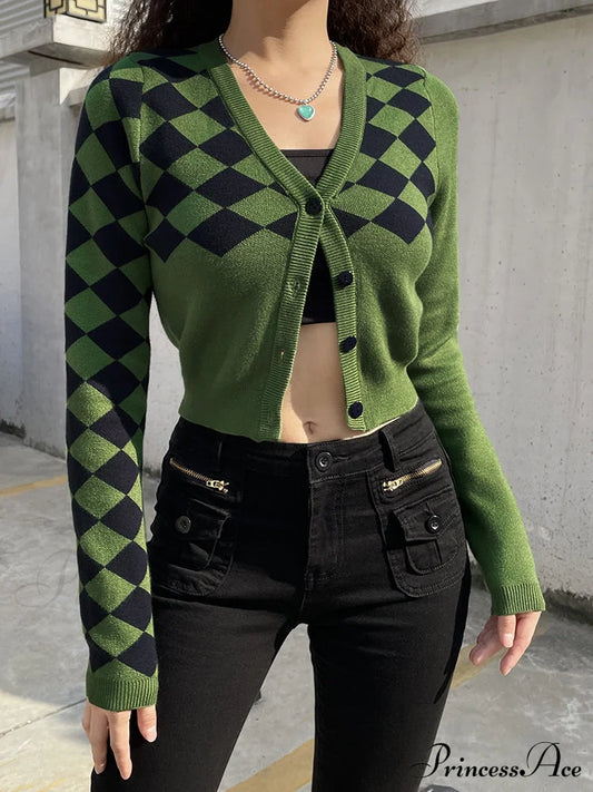 Fashion Plaid Green Cropped Knitted Cardigan