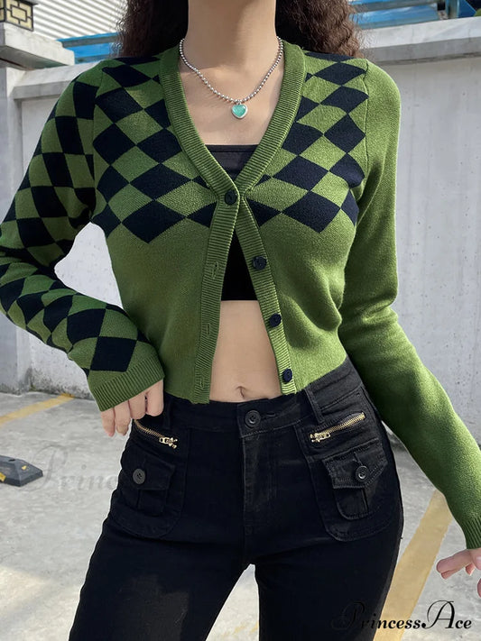 Fashion Plaid Green Cropped Knitted Cardigan