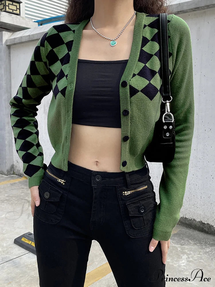 Fashion Plaid Green Cropped Knitted Cardigan / S