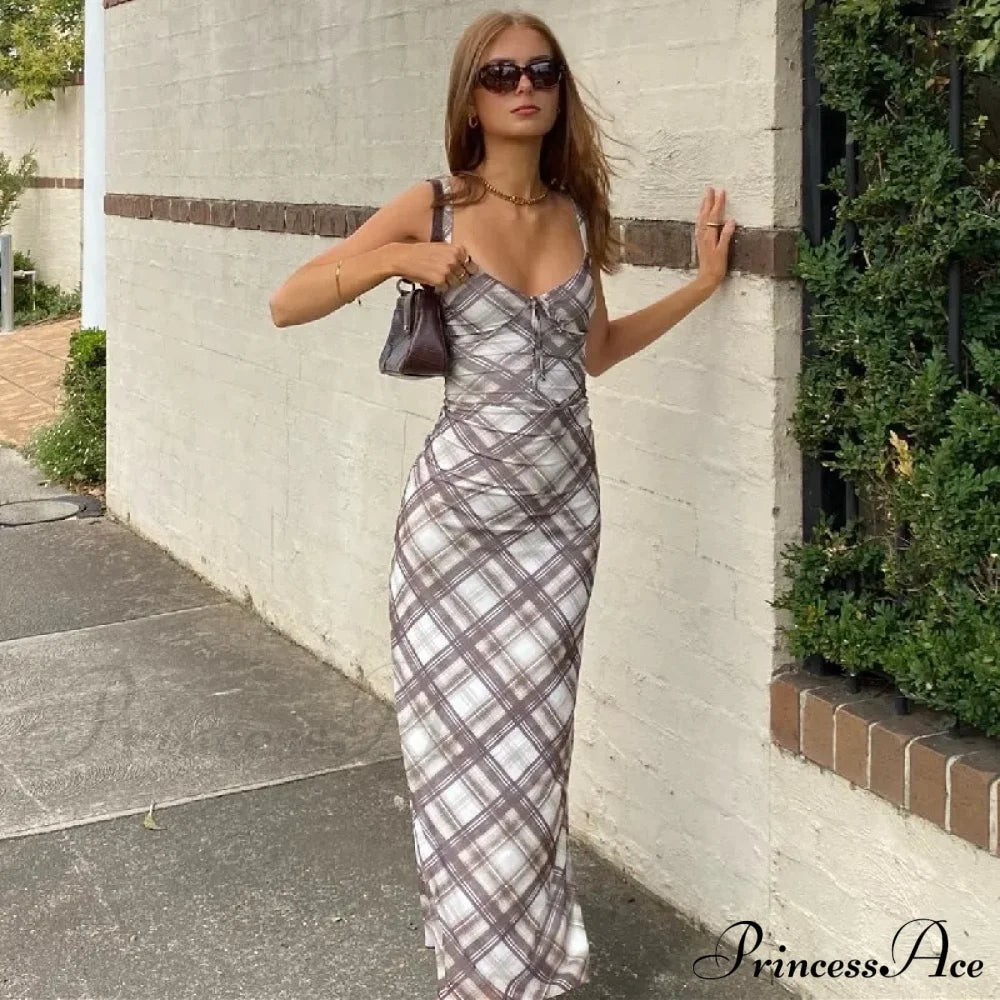 Fashion Plaid Print Outfits Maxi Dress