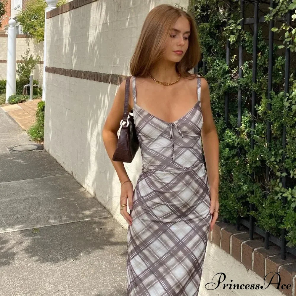 Fashion Plaid Print Outfits Maxi Dress Brown / S