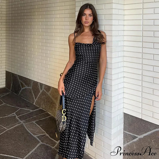 Fashion Polka Dots Draped Sexy Backless Maxi Dress Black / S