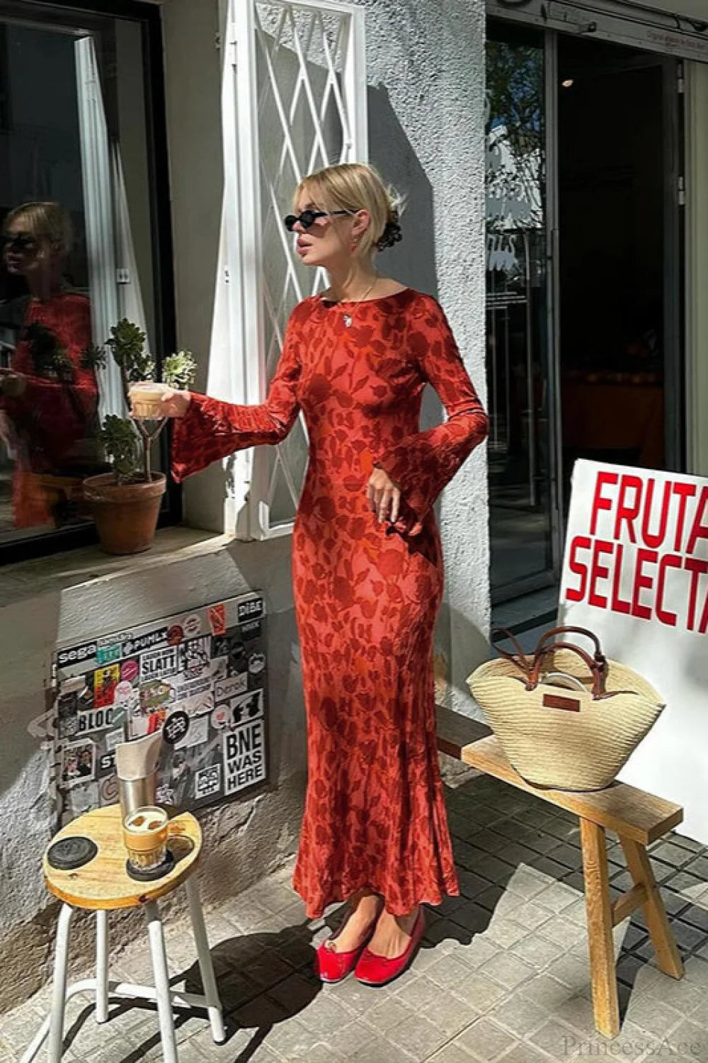 Fashion Print Fitted Crew Neck Maxi Dress