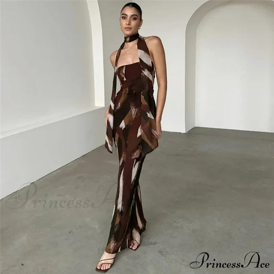 Fashion Print Maxi Dress Brown / S