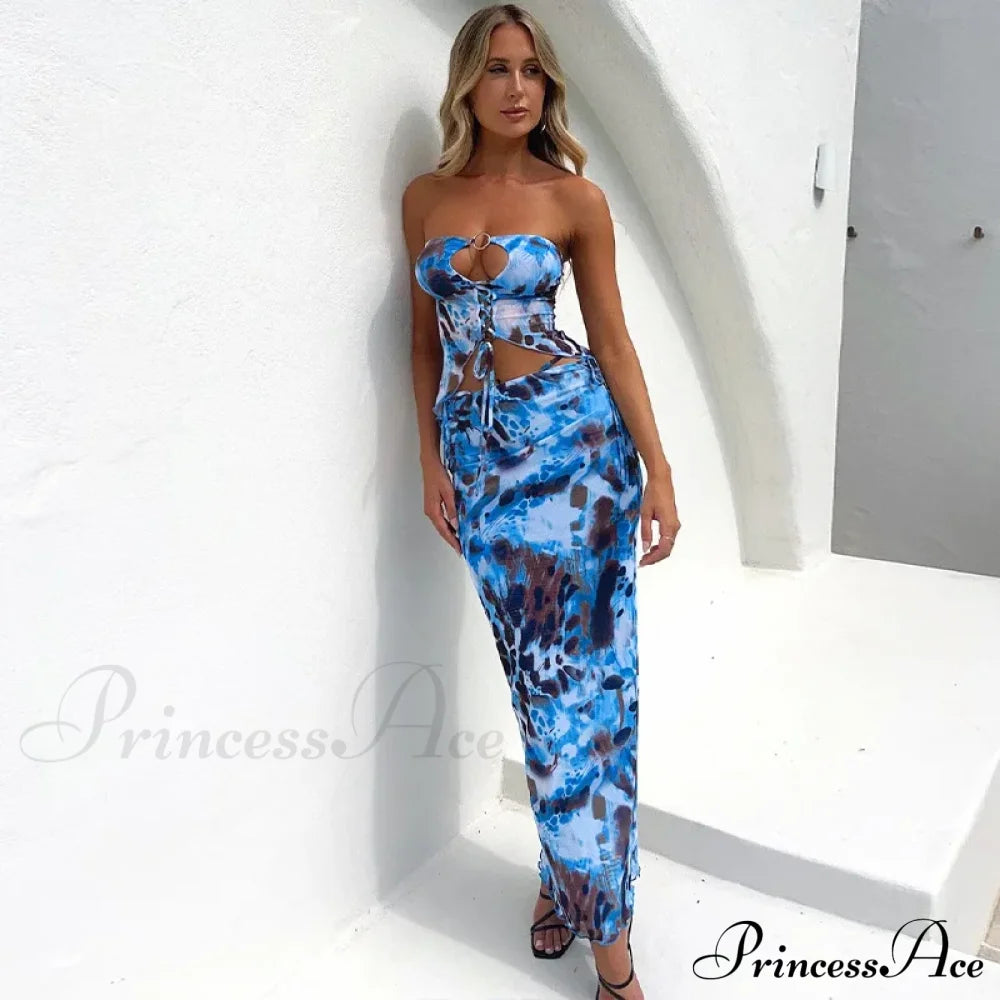 Fashion Print Sexy Cut Out Strapless Lace Up Maxi Dress