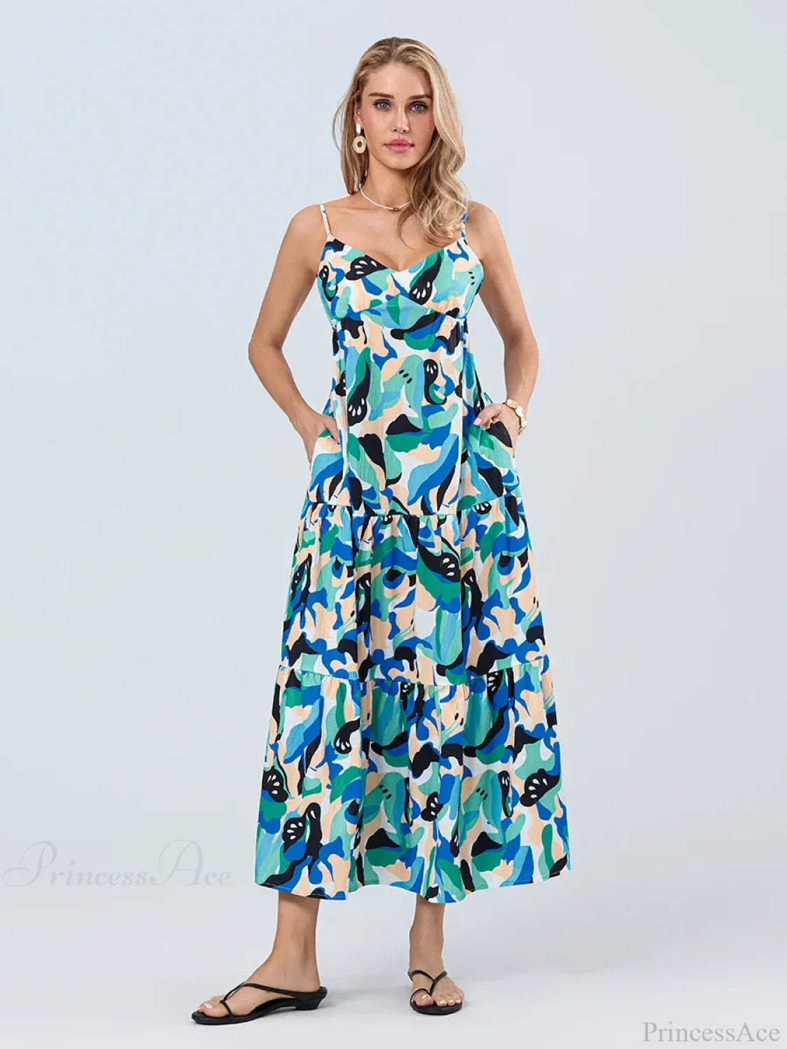 Fashion Print Spaghetti Strap Backless Sweetheart Flowy Cami Floral Dress floraldress-250126