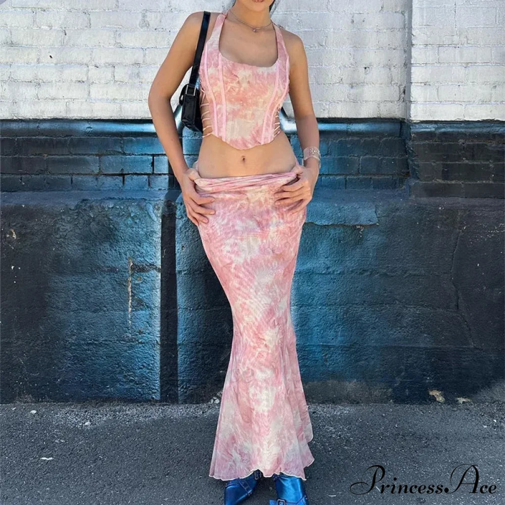 Fashion Print Two Set Maxi Dress Pink / S