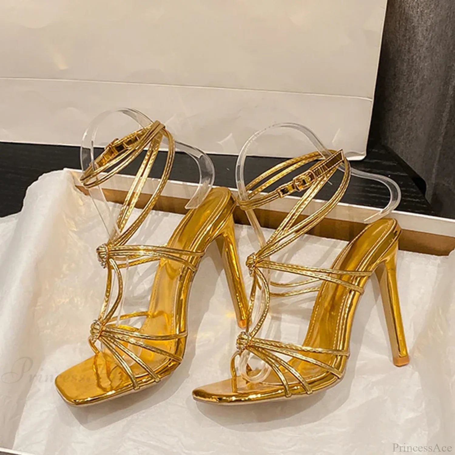 Fashion Rhinestone Buckle Narrow-Band Sandals Square-Toe Wedding Banquet High-Heels Thin Golden