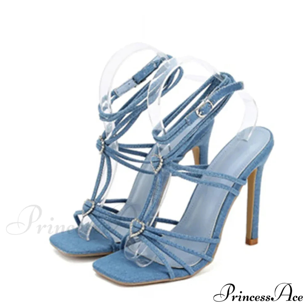 Fashion Rhinestone Buckle Narrow-Band Sandals Square-Toe Wedding Banquet High-Heels Thin Golden