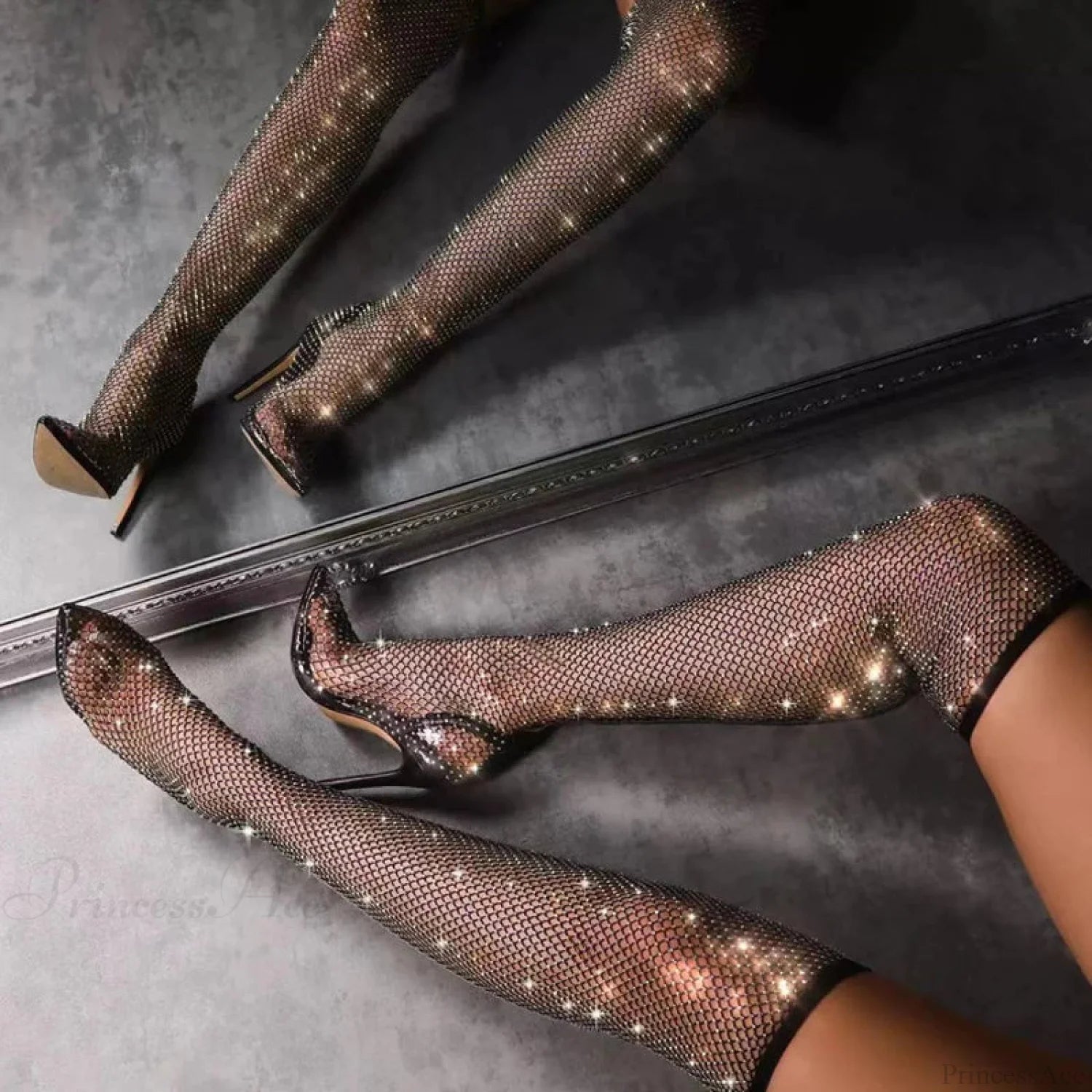 Fashion Rhinestone Fishnet Mesh Women Pumps High-Heels Socks Over-The-Knee Boots Pointed-Toe