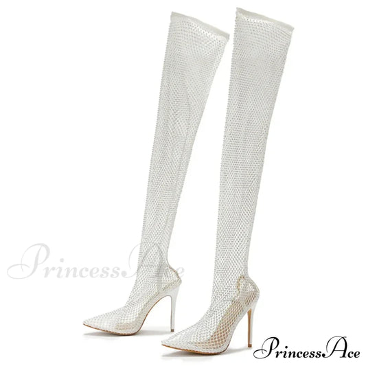 Fashion Rhinestone Fishnet Mesh Women Pumps High-Heels Socks Over-The-Knee Boots Pointed-Toe