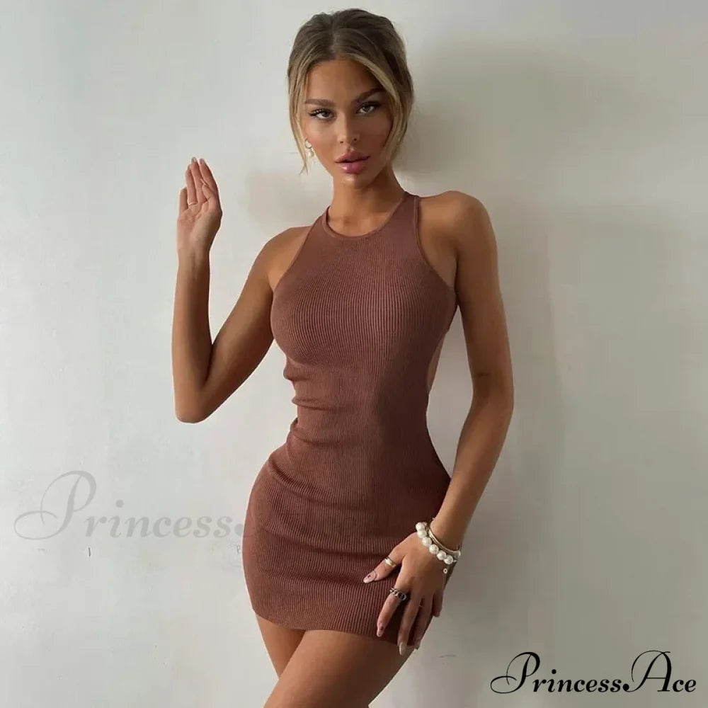 Fashion Ribbed Knitted Bandage Mini Dress Brown / S