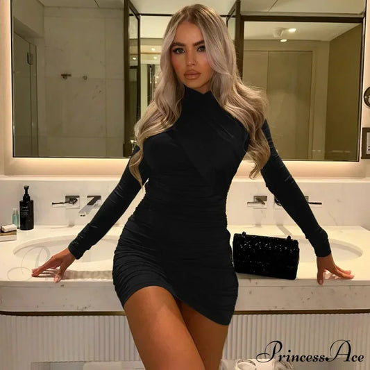 Fashion Ruched Bodycon Long Sleeve Club Mini Dress Black / S