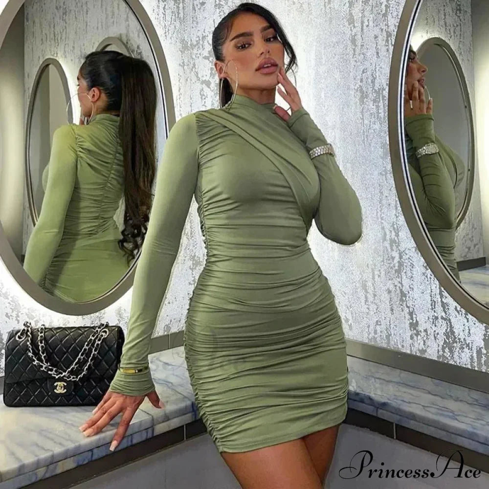 Fashion Ruched Bodycon Long Sleeve Club Mini Dress Green / S