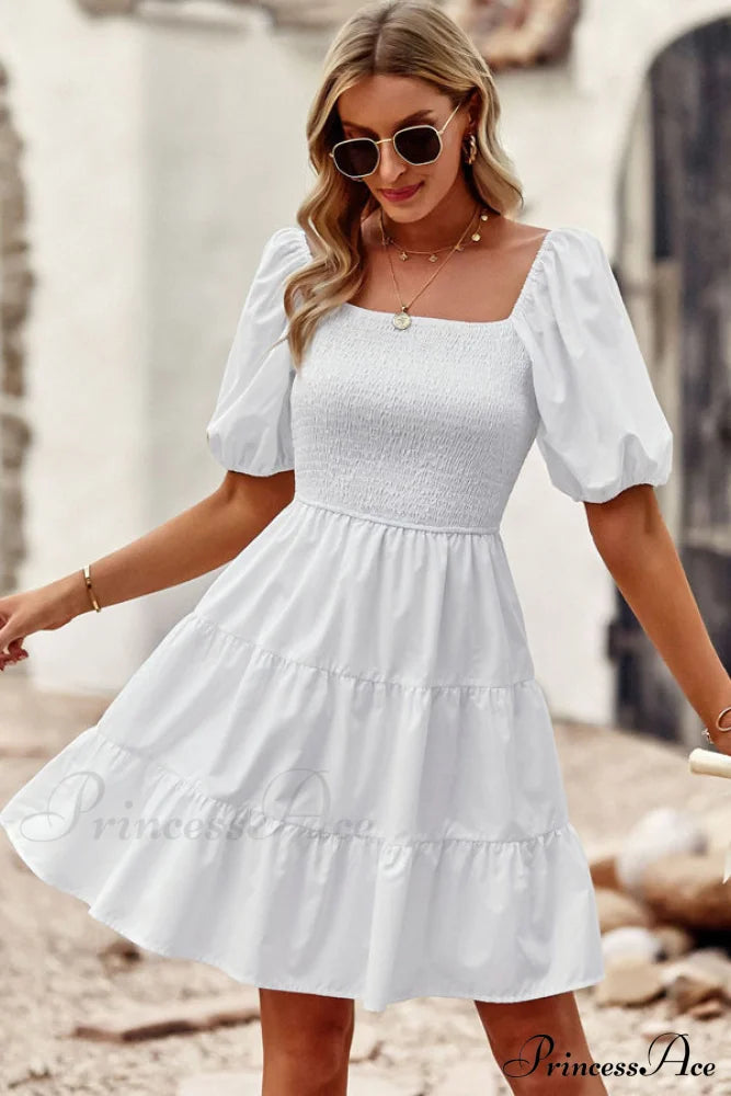 Fashion Ruffle Hem Trendy Solid Color Cusual Dress L / White