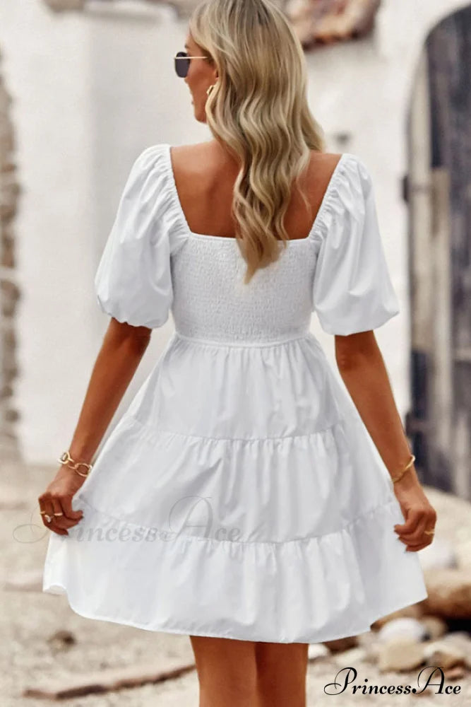 Fashion Ruffle Hem Trendy Solid Color Cusual Dress Xl / White