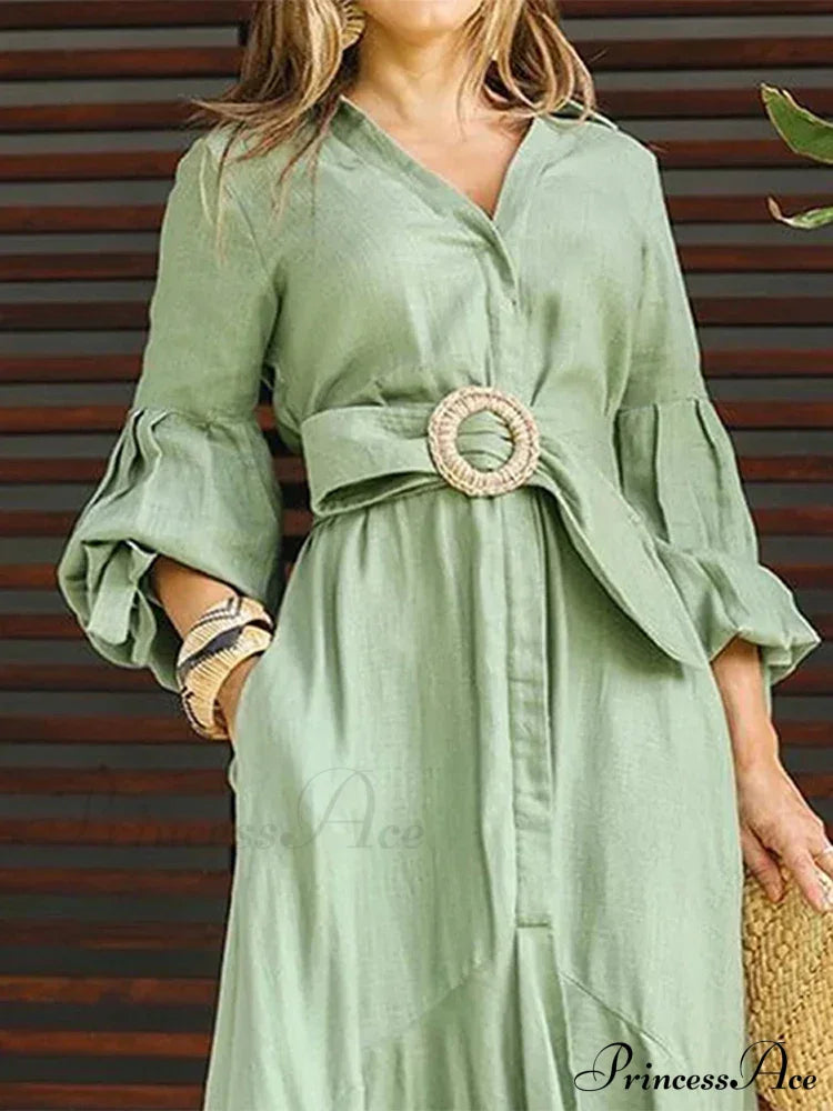 Fashion Ruffle Women’s Shirt Casual V Neck Lantern Sleeve With Pocket Long Skirt 2024 Spring Lady