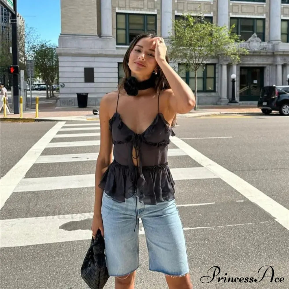 Fashion Ruffles Lace Up See Through Mesh Club Camis Crop Top