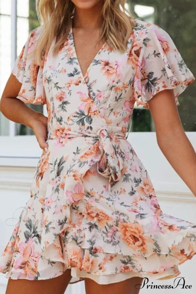 Fashion Short Graceful Sleeve Stripe Dress Floral / S