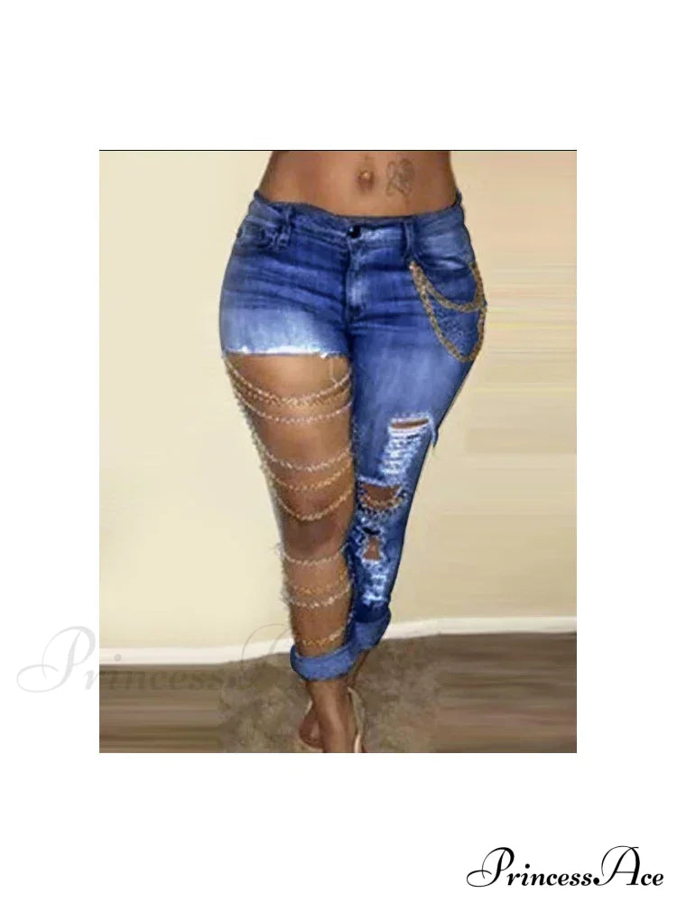 Fashion Streetwear High Waist Women With Chain Vintage Ripped Holes Skinny Pencil Bodycon Denim