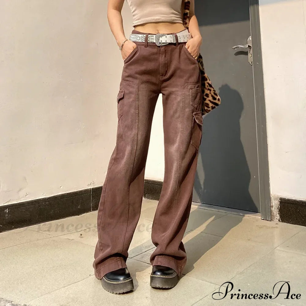 Fashion Streetwear Women Denim Trouser Loose Cargo Korean Autumn Winter Pockets Patchwork Baggy Jean