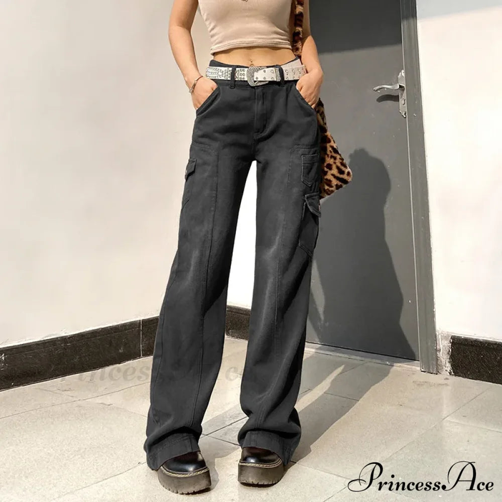 Fashion Streetwear Women Denim Trouser Loose Cargo Korean Autumn Winter Pockets Patchwork Baggy Jean