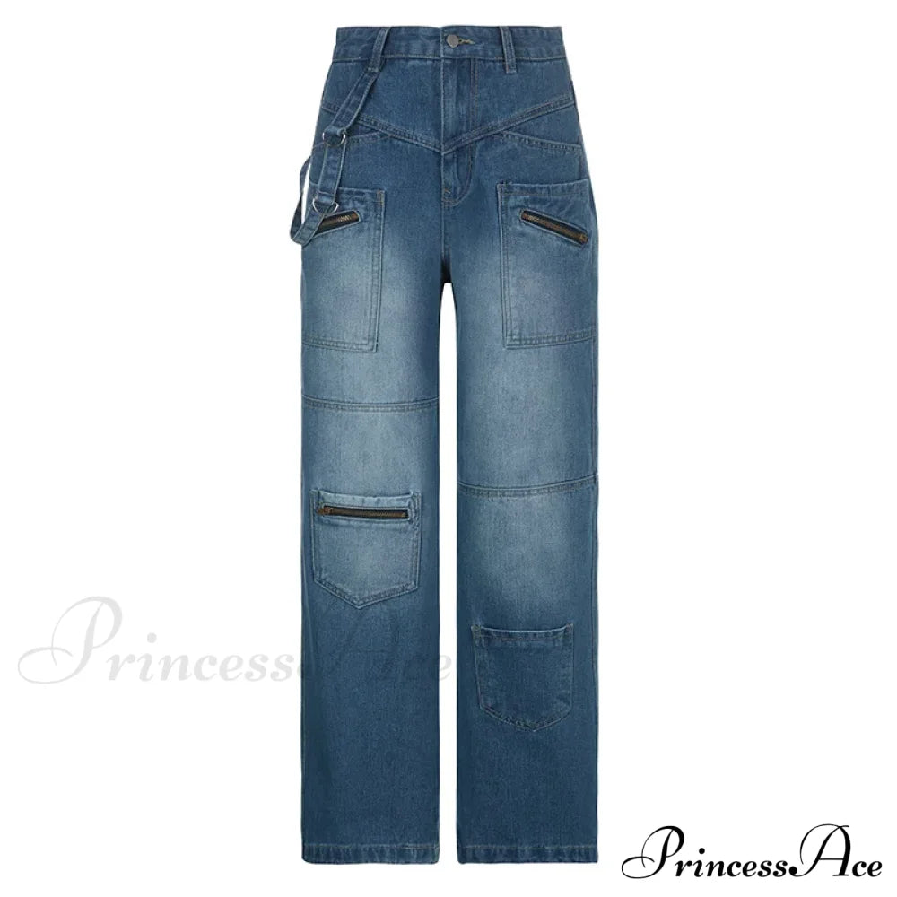 Fashion Streetwear Women Denim Trouser Loose Cargo Korean Autumn Winter Pockets Patchwork Baggy