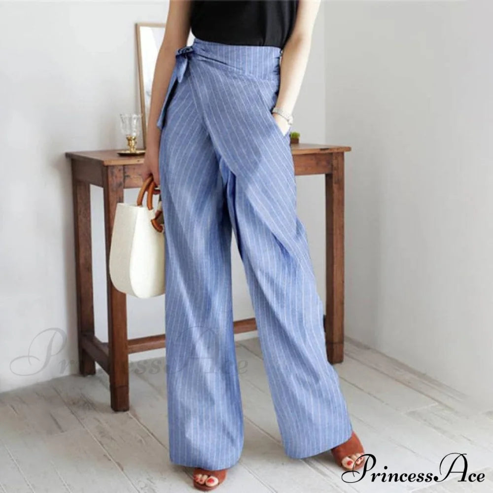 Fashion Stripe Kink Pocket Casual Pants Sky Blue / S