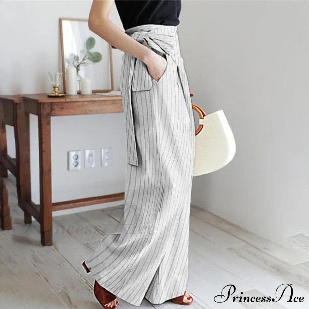 Fashion Stripe Kink Pocket Casual Pants White / Xxxl