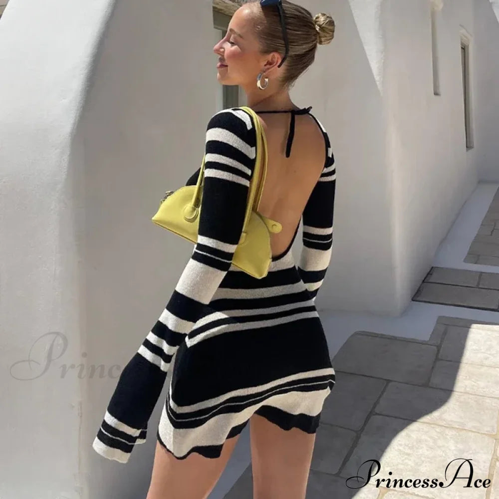 Fashion Striped Backless Mini Dress