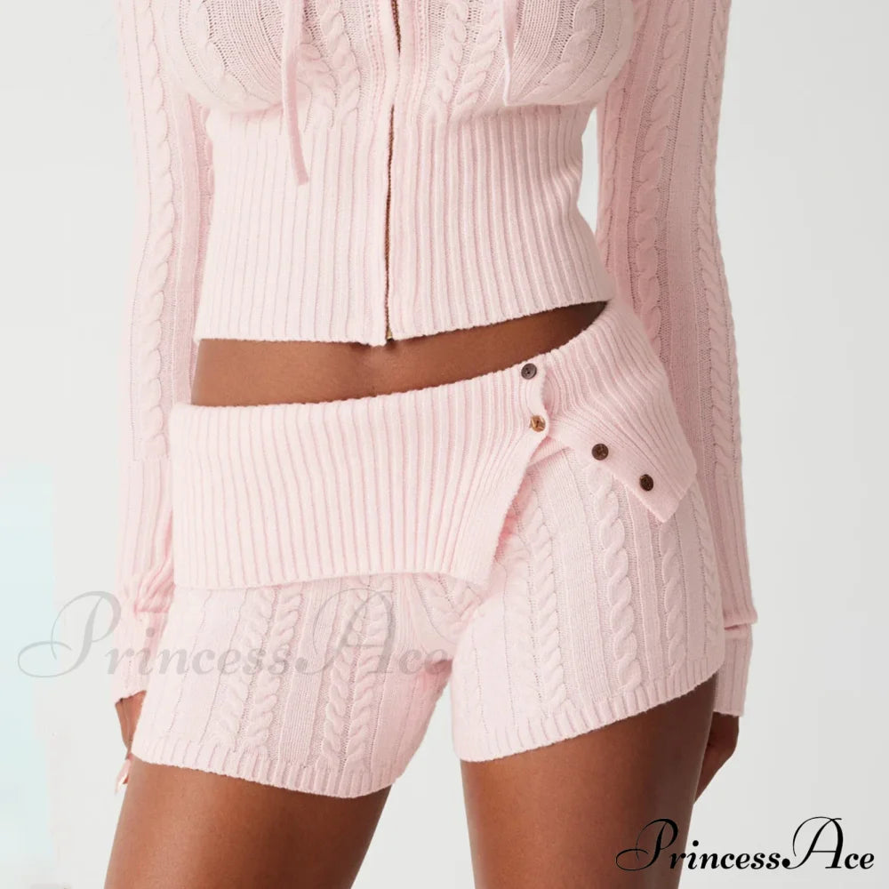 Fashion Summer Pajama Solid Color Button Cuff Cable Knit Lounge Bottoms Short Pink / S