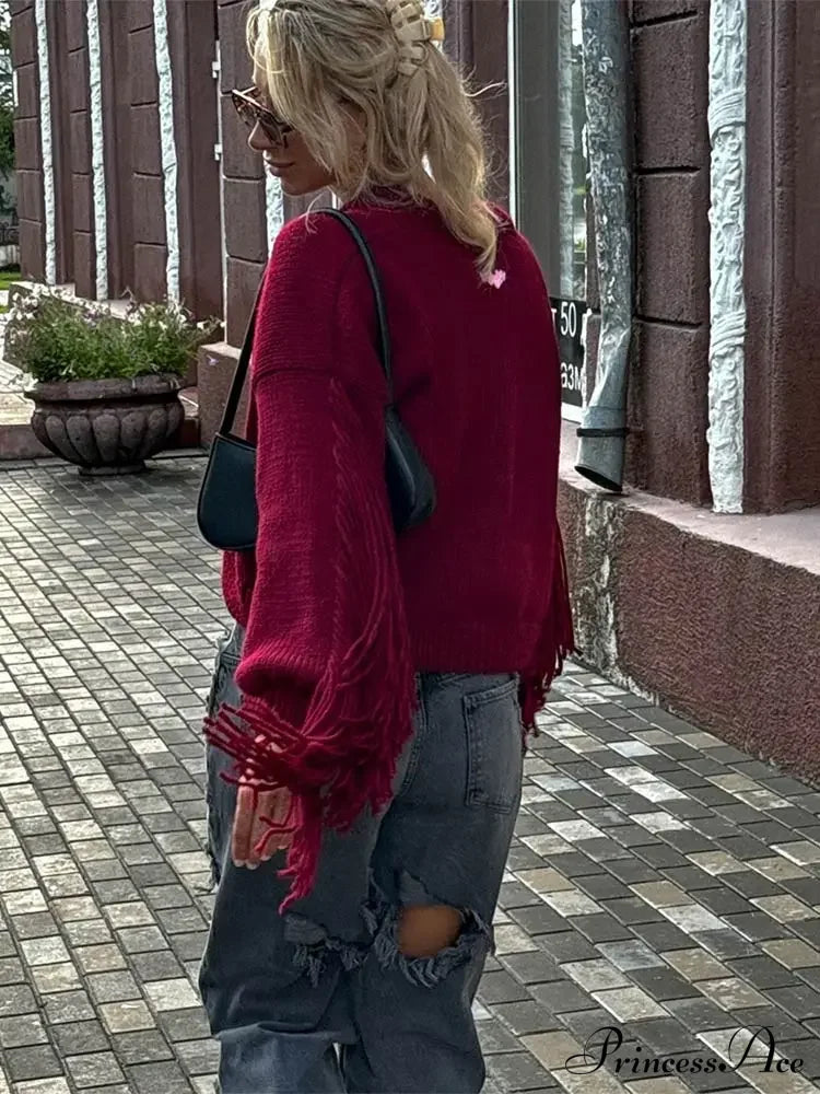 Fashion Tassels Patchwork Wine Red Knitted Cardigan Christmas Sweater Sweaters-L