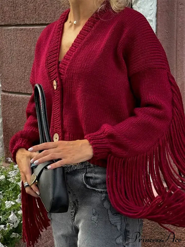 Fashion Tassels Patchwork Wine Red Knitted Cardigan Christmas Sweater Sweaters-L