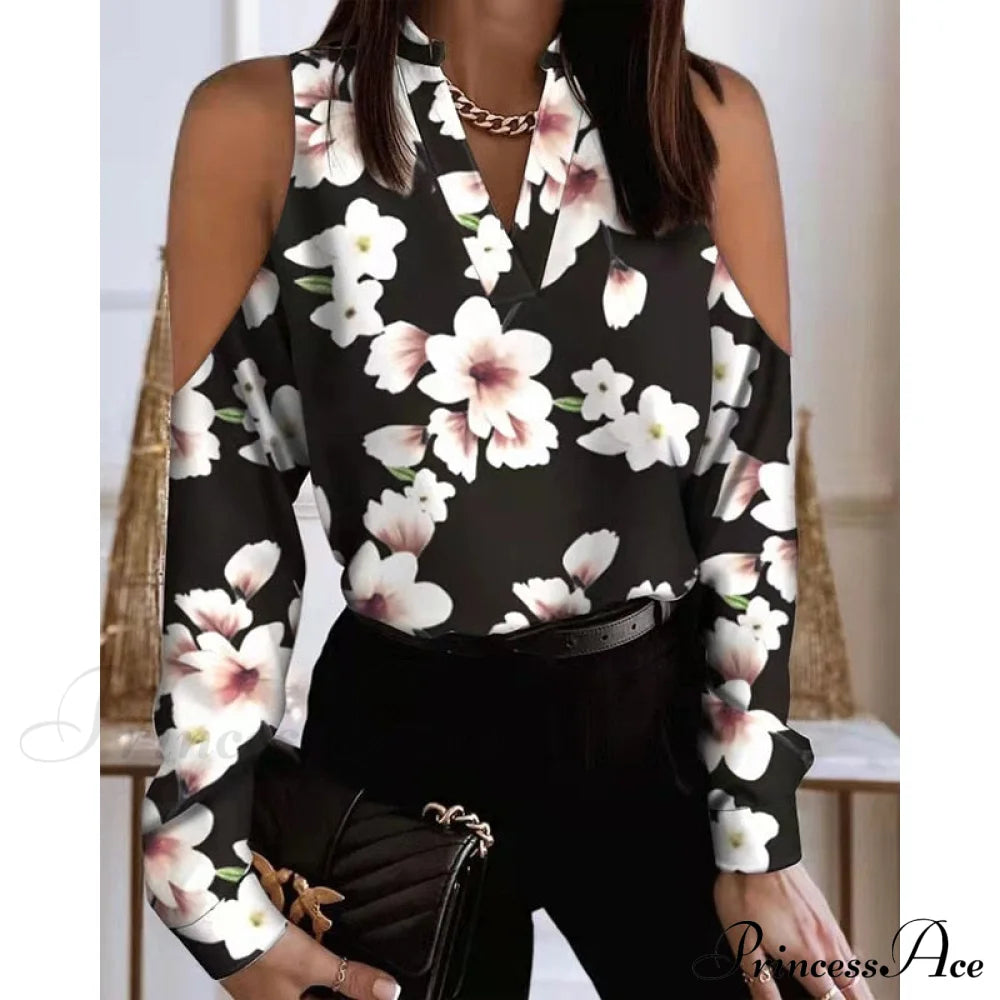 Fashion V-Neck Printed Off Shoulder Loose Shirt