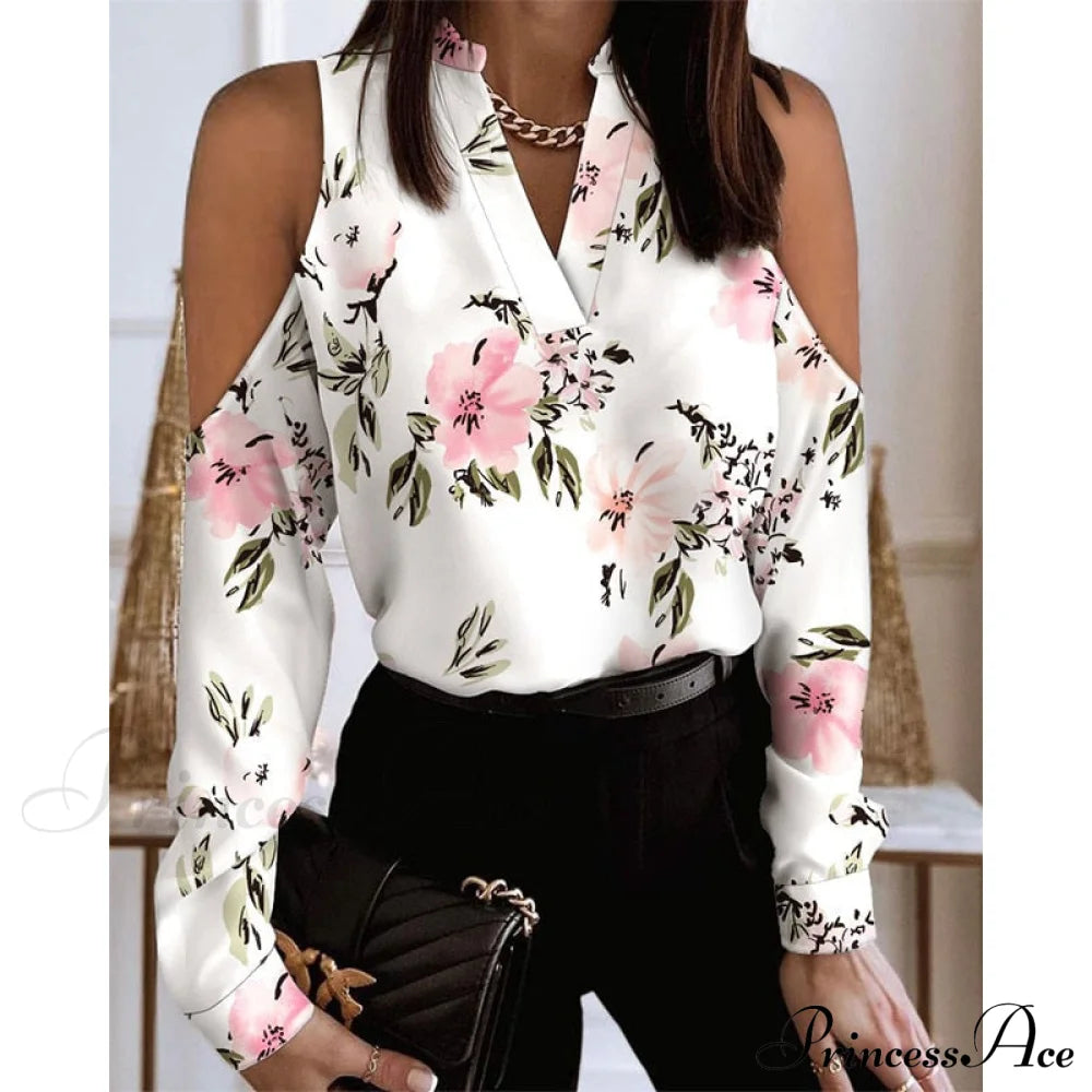 Fashion V-Neck Printed Off Shoulder Loose Shirt