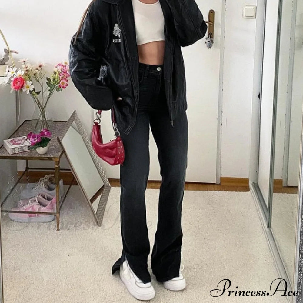 Fashion Waist Vintage Straight Split Denim Pants Black Jeans / M