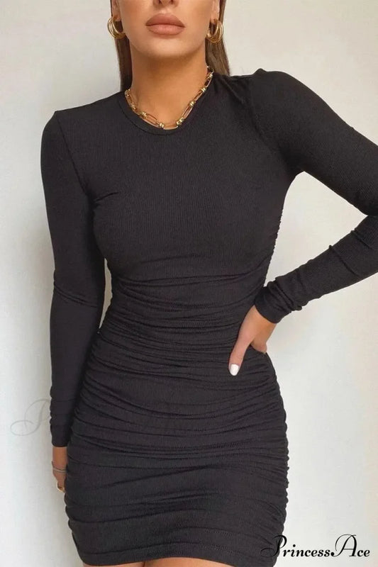 Fashionable Autumn Winter Sexy Elegant Solid Long Sleeve Mini Bodycon Dress Black / S