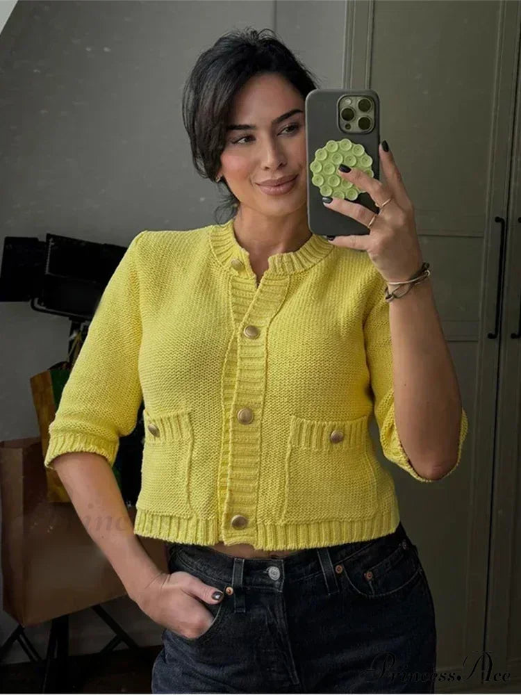 Fashionable Chic Yellow Stylish Cozy Long Sleeve Comfortable Single-Breasted Warm Sweater Sweaters-L