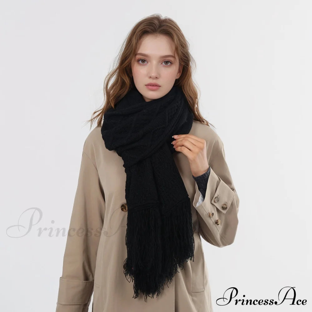 Fashionable Classic Pure Color Textured Tassel Elegant Warm Chunky Winter Scarf