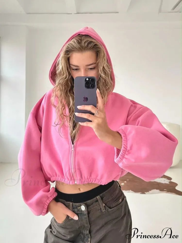 Fashionable Cropped Cozy Solid Color Loose Hoodie Pink / S Sweatshirts & Hoodies-L