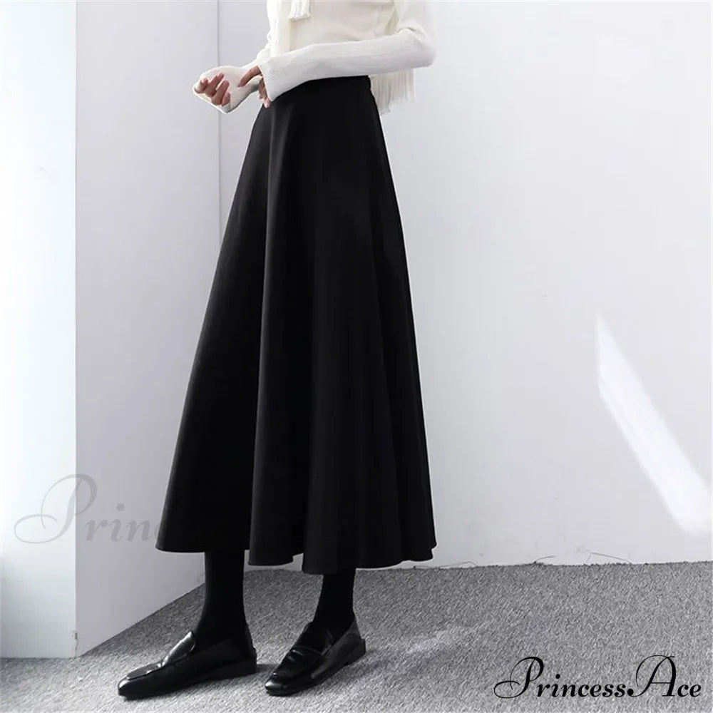 Fashionable High Waist Warm Basic Black Casual Thick Chic Maxi Skirt