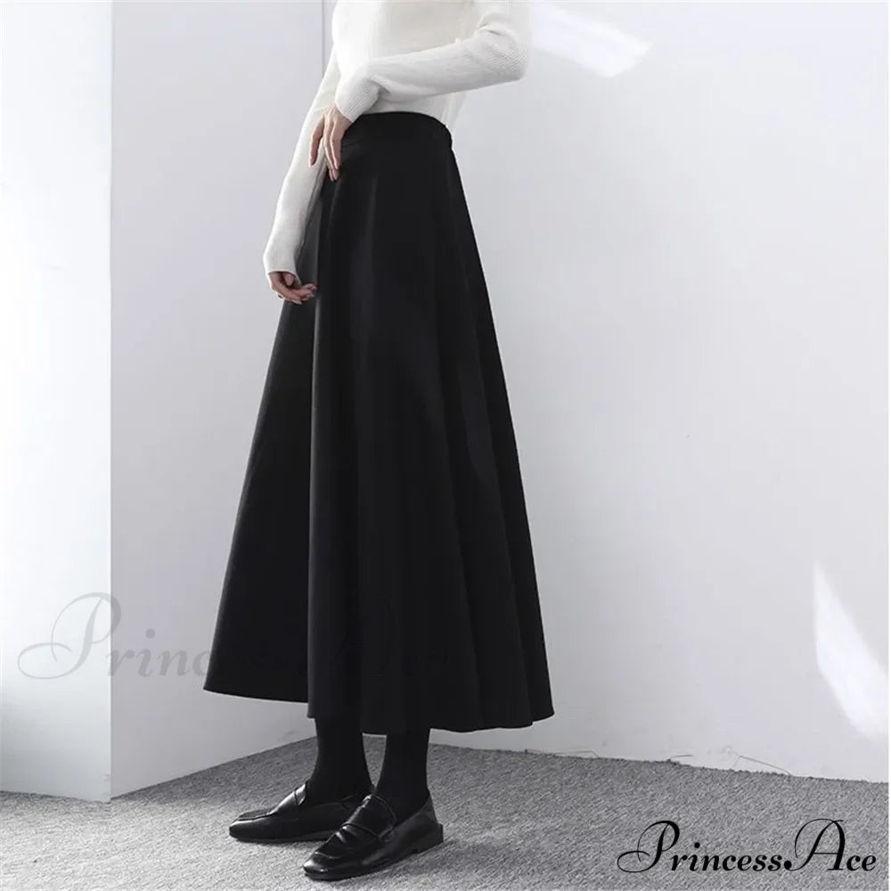 Fashionable High Waist Warm Basic Black Casual Thick Chic Maxi Skirt