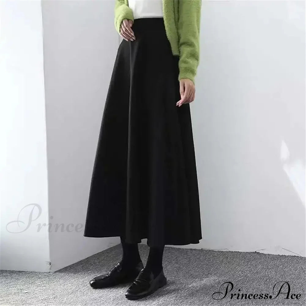 Fashionable High Waist Warm Basic Black Casual Thick Chic Maxi Skirt / S