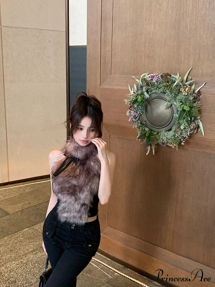 Faux Fur High Collar Sleeveless Trendy Camisole Tank Top With Bow