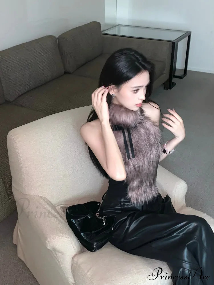 Faux Fur High Collar Sleeveless Trendy Camisole Tank Top With Bow