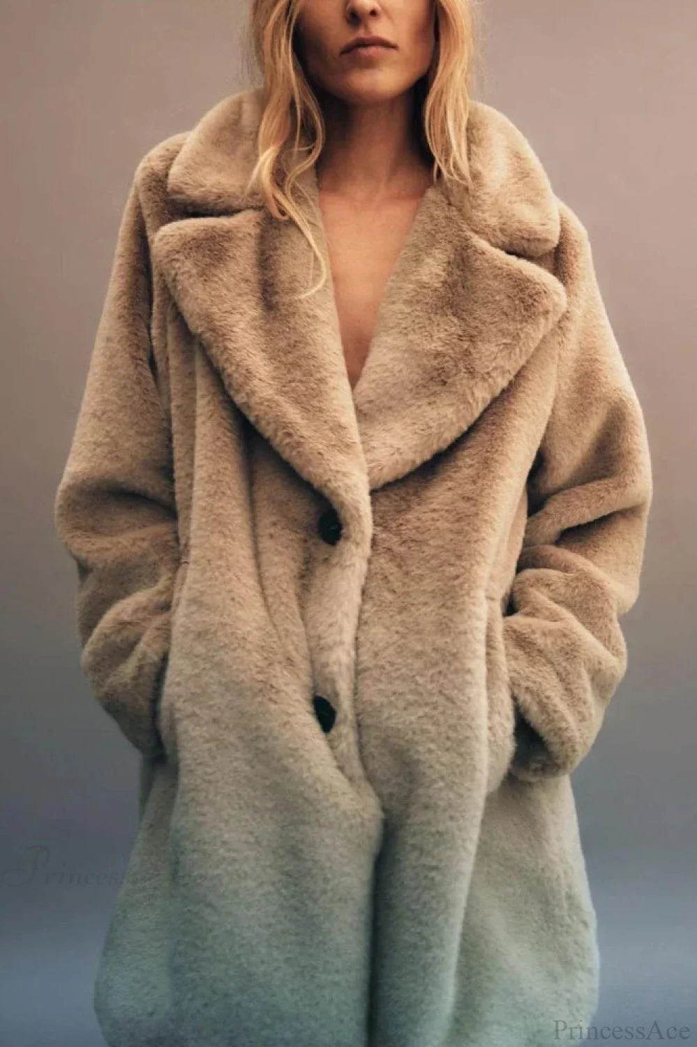 Faux Fur Lapel Long Sleeve Warm Overcoat Gray / S