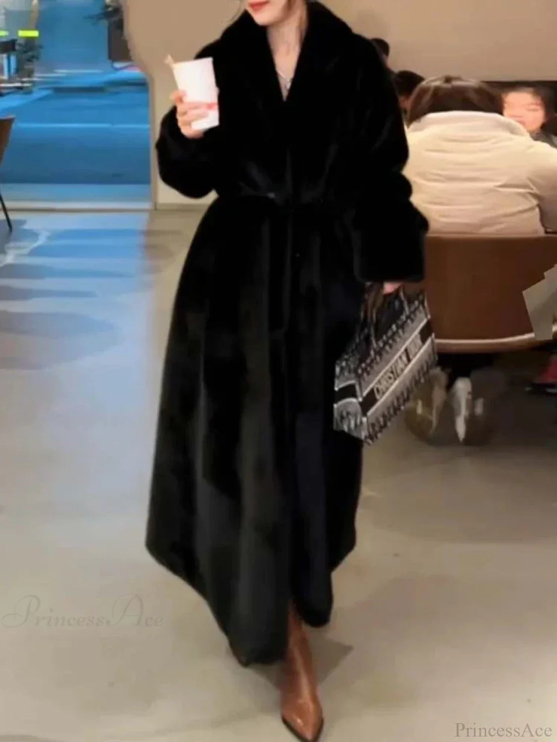 Faux Fur Lapel Plush Imitation Mink Overcoat Black / S